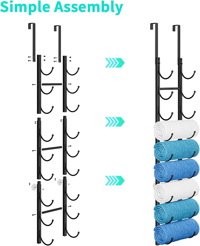 HapiRm Rolled Towel Racks for Bathroom - 9-Tier Over The Door & Wall Mounted Bathroom Towel Storage, Hanging Metal Organizer for Towels & Bath Sheets, Space Saving Rack for Bathroom, Camper, RV, Black
