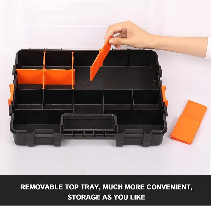 Makitoyo Tool Box Organizers, Interlocking Black Small Parts Organizer for Fasteners, Parts and Crafts w/Removable Dividers, 2 Pieces Pack, Black & Orange,15”L×11.6”W×2.6”H