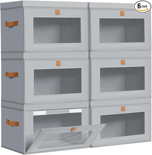 DIMJ Storage Bins with Lids - 6 Pack Fabric Closet Organizer with Window & Handles, Collapsible Decorative Storage Boxes for Shelves Under Bed, Books Clothes Blankets Sweaters Organization