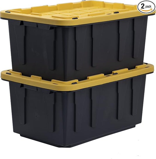 CX Heavy Duty 17-Gallon Stackable Plastic Storage Bins with Lids, 2 Pack | Storage totes for garage organization, Stackable containers, weather-resistant, snap lid, 12.5H x 18W x 26.9D, Black/Yellow