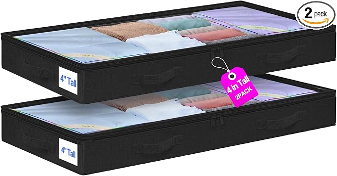 punemi 4 in Tall Low Profile Under Bed Storage Containers, 2 Pack, Black | Foldable Storage Design with Zipper & Clear Lid for Blankets & Clothing, Ideal for Closet, Bedroom & Dorm Organization