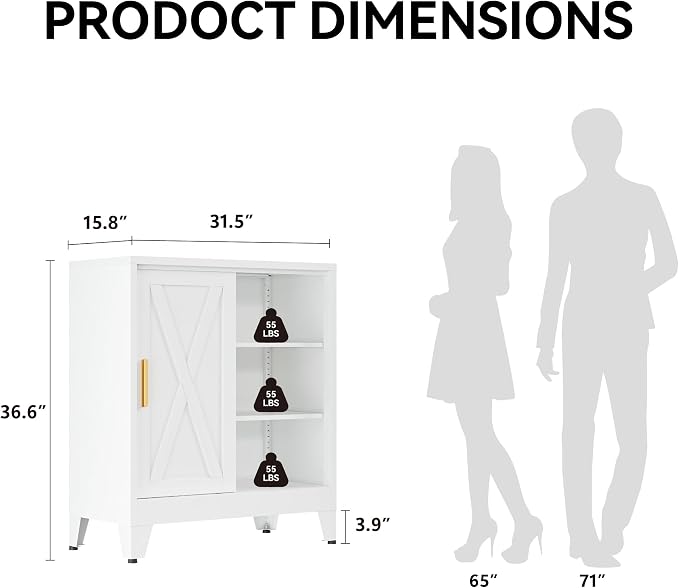 COFaR White 37" H Sliding Door Storage Cabinet, Half Open Half Closed Design, 3-Tier Kitchen Organizer with Adjustable Shelves, 150 lbs Top, Metal Coffee Bar & Buffet Sideboard for Dining Room