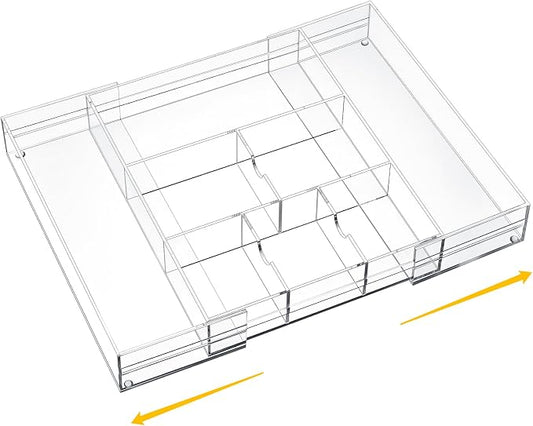 Briwooody Clear Acrylic Drawer Organizer Expandable,8 Compartments,Large | 9'' up to 18'' x 12'' x 2.1'' Desk Drawer Organizer Trays Adjustable with Desk Accessories for Makeup Office Bathroom