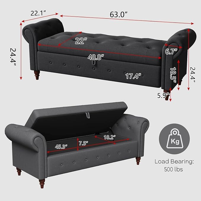 NIOIIKIT 63'' Storage Ottoman Bench, Tufted Entryway Bench Grey Polyster | Button Tufted End of Bed, Large Storage Space, Rolled Armed Ottoman Couch Long Bench for Bedroom, Living Room, Hallway