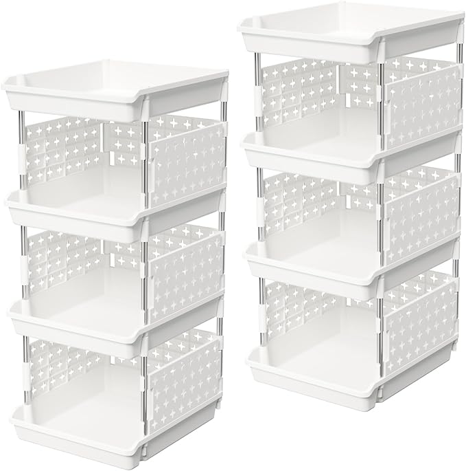 Lifewit 4 Tier Plastic Stackable Storage Baskets for Clothes 2 Pack, White | Stacking Bins for Food, Multifunctional Organizer for RV, Kitchen, Playroom, Pantry and Bathroom