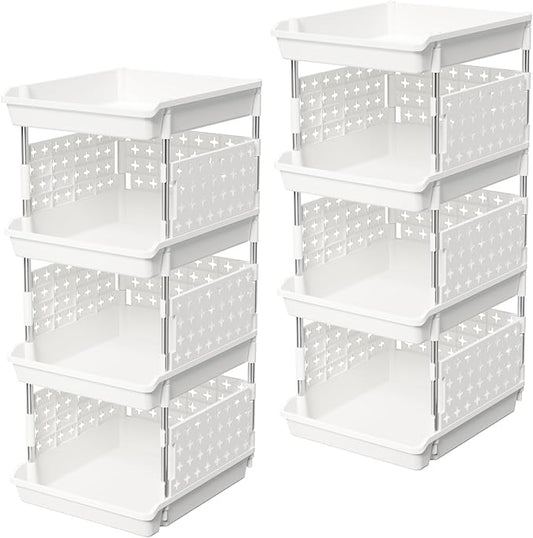Lifewit 4 Tier Plastic Stackable Storage Baskets for Clothes 2 Pack, White | Stacking Bins for Food, Multifunctional Organizer for RV, Kitchen, Playroom, Pantry and Bathroom