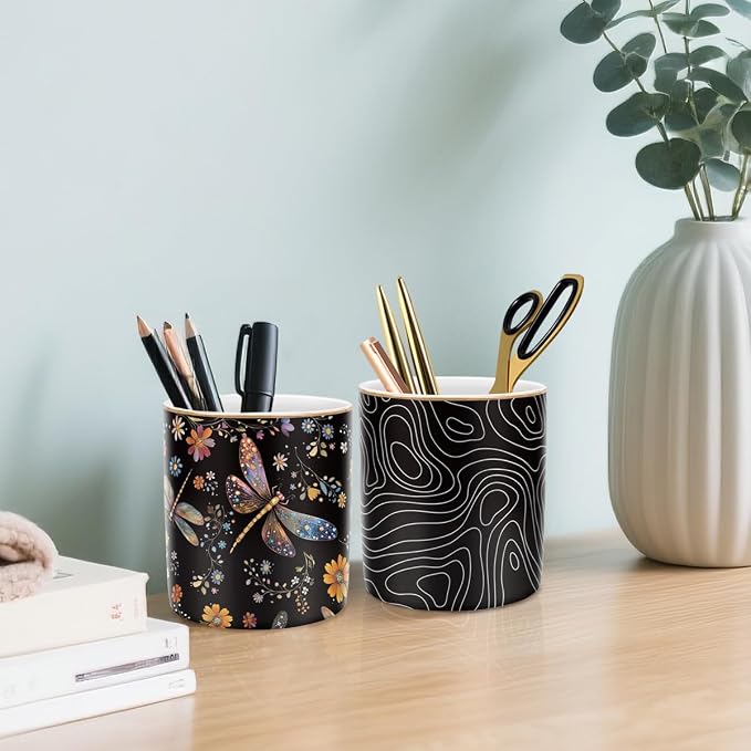 Pen Holder, Pencil Cup for Desk, Cute Makeup Brush Holder, Durable Ceramic Organizer Decor for Room, Office, Classroom, Cute Dragonfly Pattern
