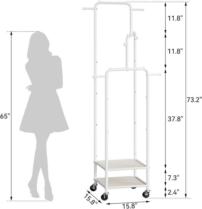 Chrislley Small Clothing Rack With Wheels & 2 Shelves, Narrow Clothes Rack | 3-Section Different Heights Metal Rolling Garment Rack, 71" Tall Portable Coat Rack with 6 Hooks for Bedroom, Entryway, White