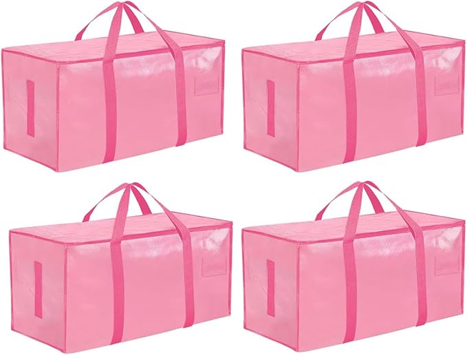 Extra Large Heavy Duty Moving Bags - Waterproof Storage Totes with Reinforced Handles & Zippers, Foldable for College Dorm Essentials, Clothes Storage & Travel (4-Pack Pink)