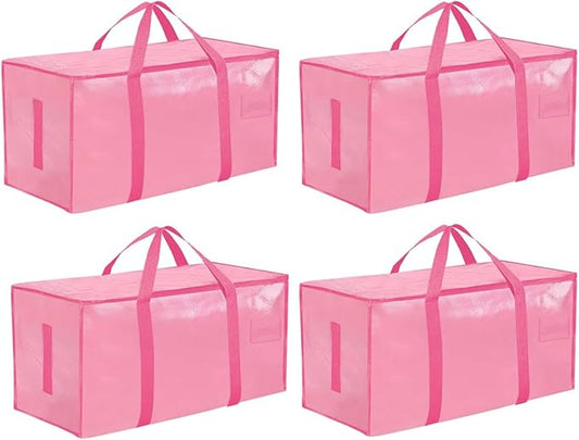 Extra Large Heavy Duty Moving Bags - Waterproof Storage Totes with Reinforced Handles & Zippers, Foldable for College Dorm Essentials, Clothes Storage & Travel (4-Pack Pink)