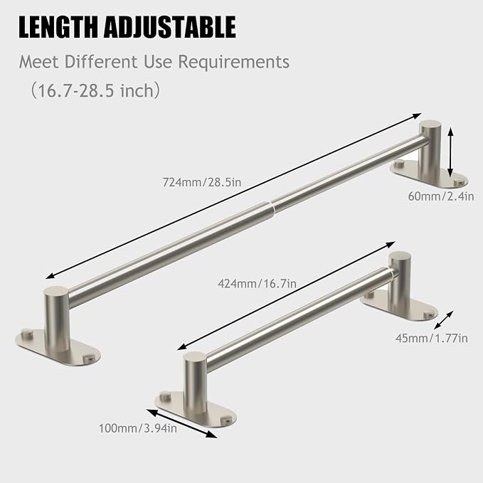 Towel Bar, Adjustable 16.7inch–28.5inch Towel Rack, Self Adhesive Towel Racks for Bathroom Wall Mounted, 304 Stainless Steel Hand Towel Holder, for Kitchen Use (Brushed Nickel, 2Pack)