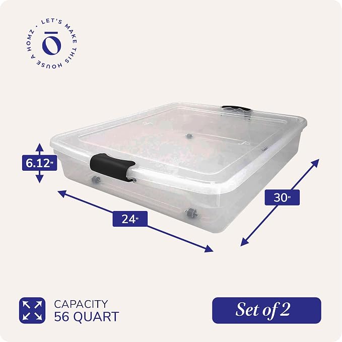 HOMZ 56 Quart Clear Latching Underbed Plastic Storage with Wheels, 2-Pack, Multipurpose for Clothes, Shoes, and Bedding