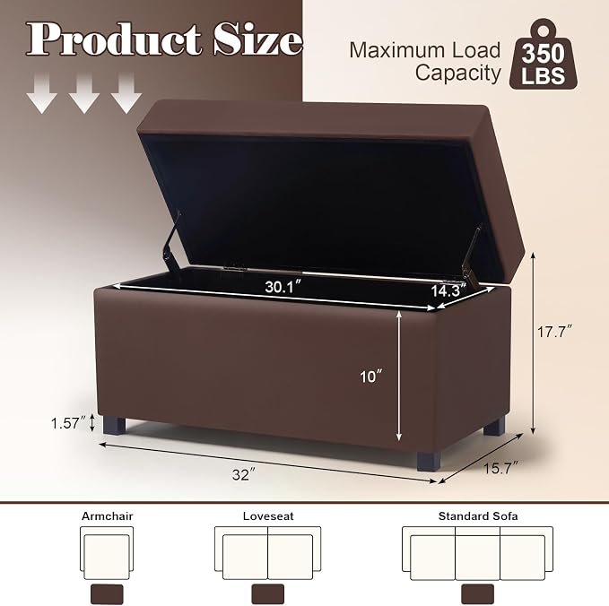 32" Leather Storage Ottoman Bench, Rectangle Foot Rest Stool for Living Room, Bedroom, Entryway, Brown