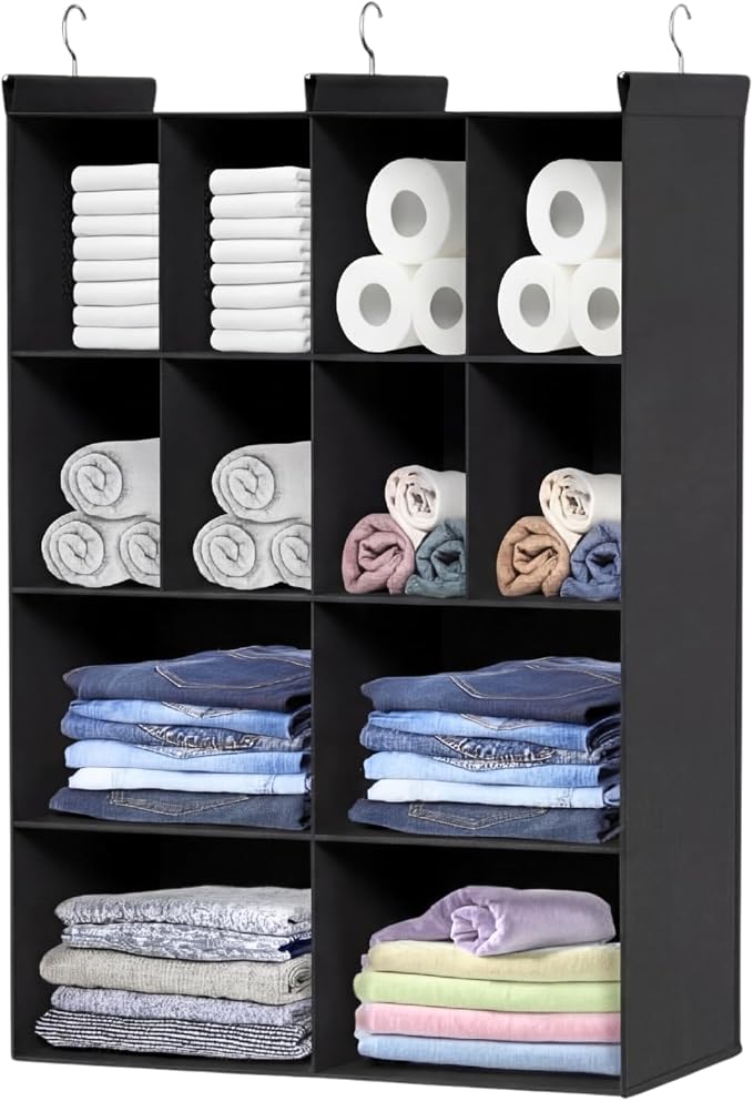 4 Tier Hanging Closet Organizer, 12 Compartments Dual Row Storage, Black | Closet Organizers and Storage with Large & Small Cubbies, 3 Sturdy Hooks Support Heavy Loads, for Dorm, RV, Garment Rack