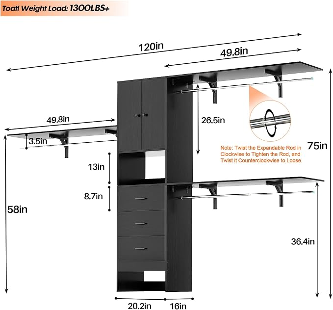 120 Inches Closet System With Doors, 10FT Walk In Closet Organizer with 3 Shelving Towers, Heavy Duty Clothes Rack with 3 Drawers, Built-In Garment Rack, Max Load 1300 LBS, Black