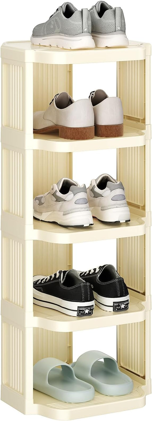 Kitstorack Vertical Shoe Rack: 5 Tiers Stackable Shoe Rack for Closet DIY Free Standing Shoe Organizer Small Shoe Shelf for Small Spaces and Narrow Spaces Plastic, White