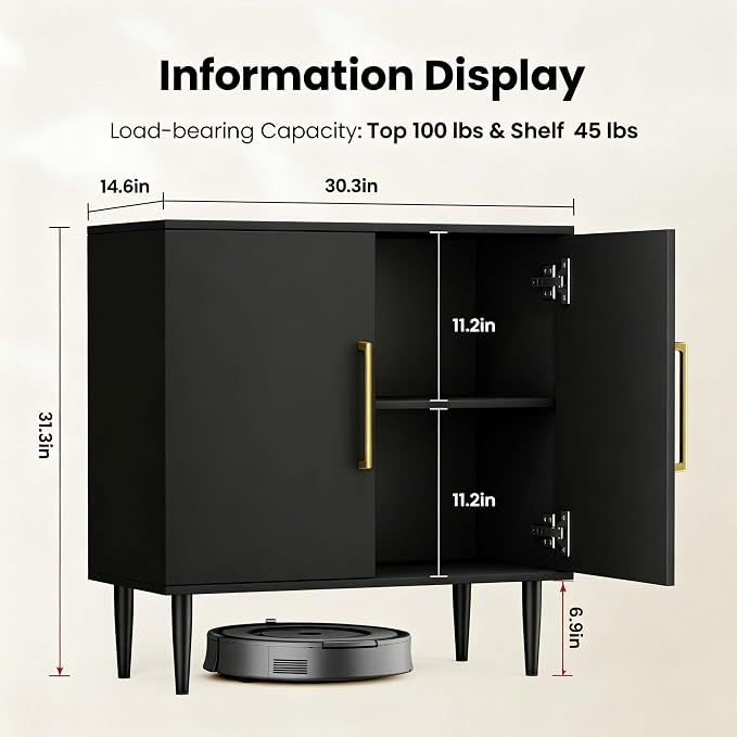 Set of 2 Black Storage Cabinet with Doors, Modern Accent Cabinet, Free Standing Cabinet with Adjustable Shelf, Wooden Buffet Sideboards for Living Room, Kitchen, Dining Room, Entryway