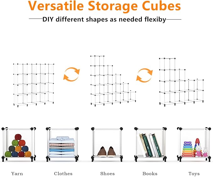 AWTATOS Cube Storage Organizer, 16 Cube Closet Organizer, Transclucent | Stackable Storage Cube Shelves, DIY Portable Closet Clothes Organizer, Plastic Shelving for Bedroom, Wardrobe, Bathroom