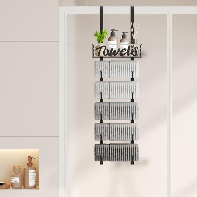 SWTYMIKI Hanging Towel Racks for Bathroom - 6 Tier Over The Door & Wall Mounted Bath Rolled Towel Storage Organizer Holder for Small Bathroom, RV, Camper, Black (Patented)