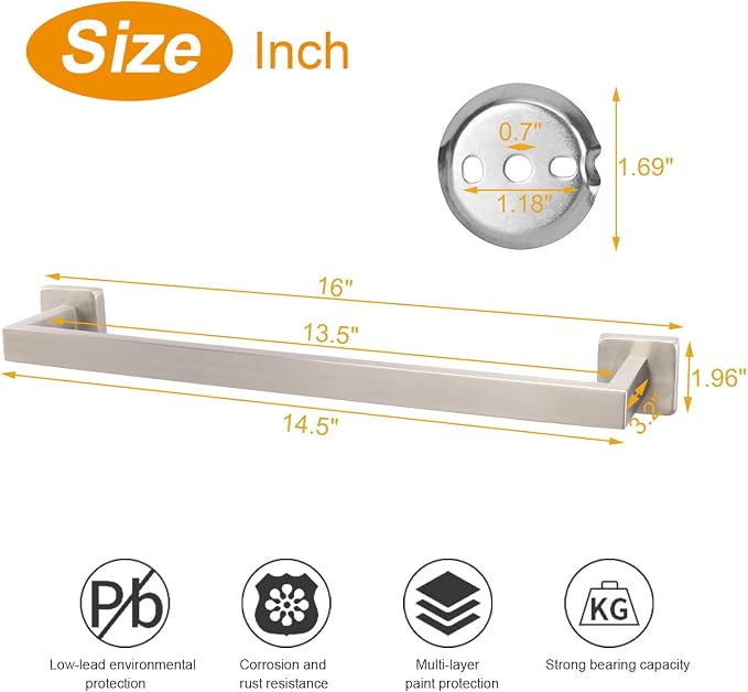TocTen Bath Towel Rack - Square Base Thicken SUS304 Stainless Steel Towel Bar for Bathroom, Bathroom Accessories Towel Rod Heavy Duty Wall Mounted Towel Holder. (Brushed Nickel, 16)