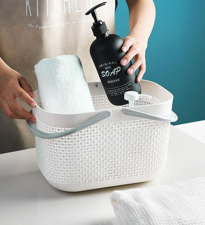 Plastic Portable Shower Caddy Basket, Storage Organizer with Handle, White | Bottom Drain Holes, Keep Dry, Sturdy and Durable, Easy to Carry for Bathroom, Kitchen, Dorm Room, RV, College