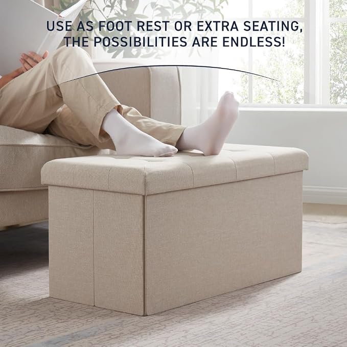 Ornavo Home 30 Inch Folding Storage Ottoman Bench, Tufted Linen, Beige | Upholstered Large Ottoman with Lid; Foot Rest Stool; Ideal for Bedroom, Living Room or Entryway