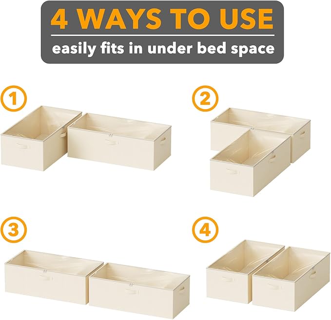SpaceAid 2 Pack 10" High Under Bed Storage Containers, Large Underbed Storage Organizer Bins with Lids for Bedroom, Dorm, Clothes, Closet Organization, Bed Sheets and Blankets (Beige)