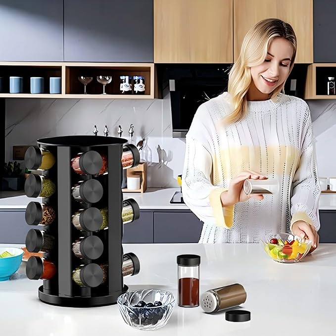 Handisen Rotating Spice Rack Organizer for Cabinet, Spice Racks Storage with 20 Jars, Spinning Spice rack for Kitchen Countertop, Spice Holder,Seasoing Storage Racks, Black