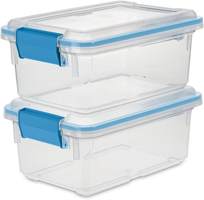 Sterilite Gasket Storage Box with Lids for Home & Office, 7.5 Quart, 6-Pack | Heavy-Duty, Stackable, and Organizing Containers for Bathroom, Cabinet, Closet, and Garage, Clear and Blue Aquarium Latches