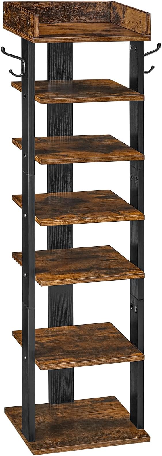 HOOBRO Vertical Shoe Rack for Front Door Entryway, 7 Tier Wooden Shoe Storage Organizer with Hooks, Narrow Shoe Tower for 7 Pairs, Space Saving, for Corner, Closet, Bedroom, Rustic Brown BF61XJ01