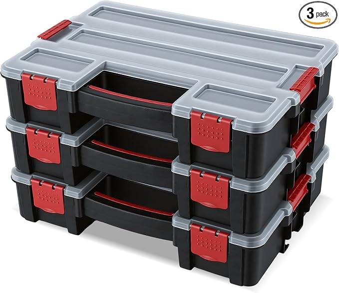 famuka Tool Storage Boxes 3-Pack Small Parts Organizers (Red) | 10 Compartments with Removable Divides