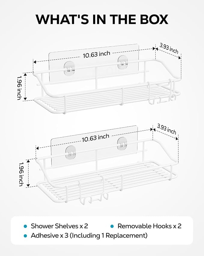 Nieifi Shower Caddy Shelf with Hooks Storage Rack Organizer Adhesive Stainless Steel Without Drilling for Bathroom, Lavatory, Washroom, Restroom, Shower, Toilet, Kitchen - 2 Pack (White)