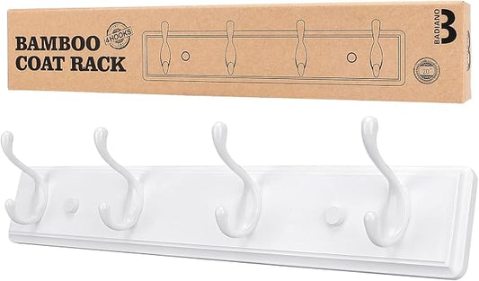 Badiano Wooden Coat Rack, Wall-Mounted Organizer for Closet, Entryway, Hallway, Foyer, Bedroom, Heavy Duty Double Hooks for Hanging Towels, Bags, Hats, Jackets, Key (White, 4 Hooks)