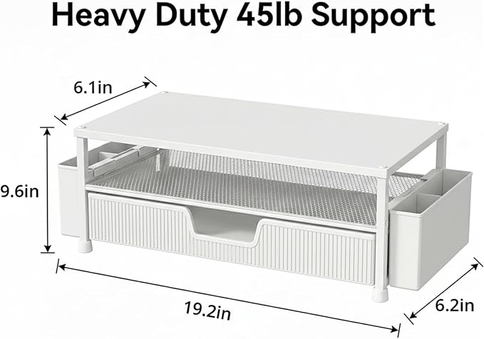 ECOLOVI Desk Organizer and Accessories, 2-Tier Computer Monitor Stand Rise with Storage Drawer & 2 Pen Holders, Laptop & Printer Stand for Desktop, Workspace Organizers for Office Supplies (White)