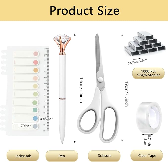 Office Supplies,White Desk Accessories,Office Supplies Set,Desk Organizer,Stapler,Tape Dispenser,Scissors,Staple Remover,Binder Clips,Staples,Ballpoint Pen,Index Tabs with Ruler,Clear Tape.10pcs