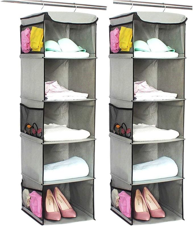 BrilliantJo 5 Shelves Hanging Closet Organizer, 2 Pack Hanging Storage with 6 Side Pockets for Clothes Bags, 43"x12"x12"(Gray)