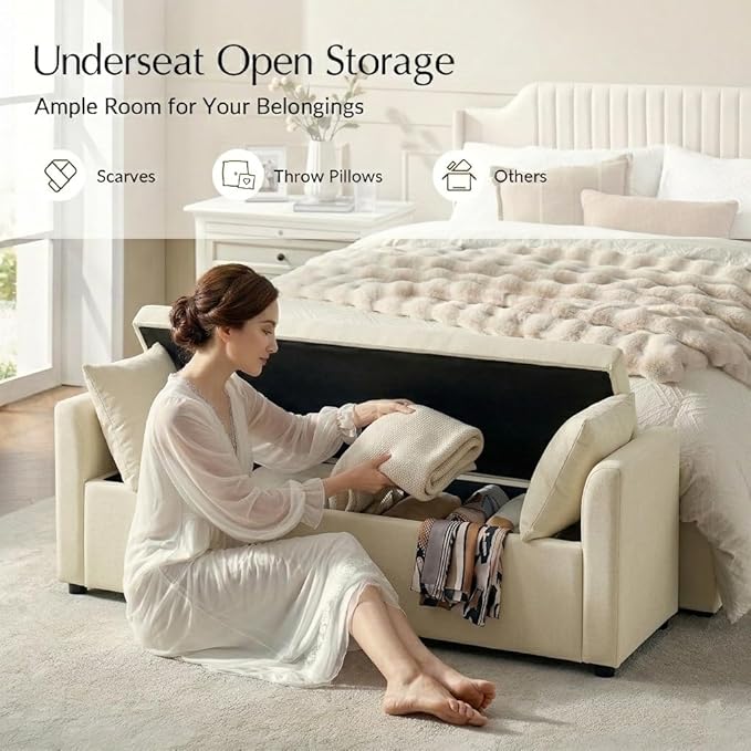 HULALA HOME 59" Storage Bench with 2 Throw Pillows & Armrests, Beige | Modern Long Bedroom Bench for End of Bed, Comfy Upholstered Fabric Footstool for Entryway Living Room