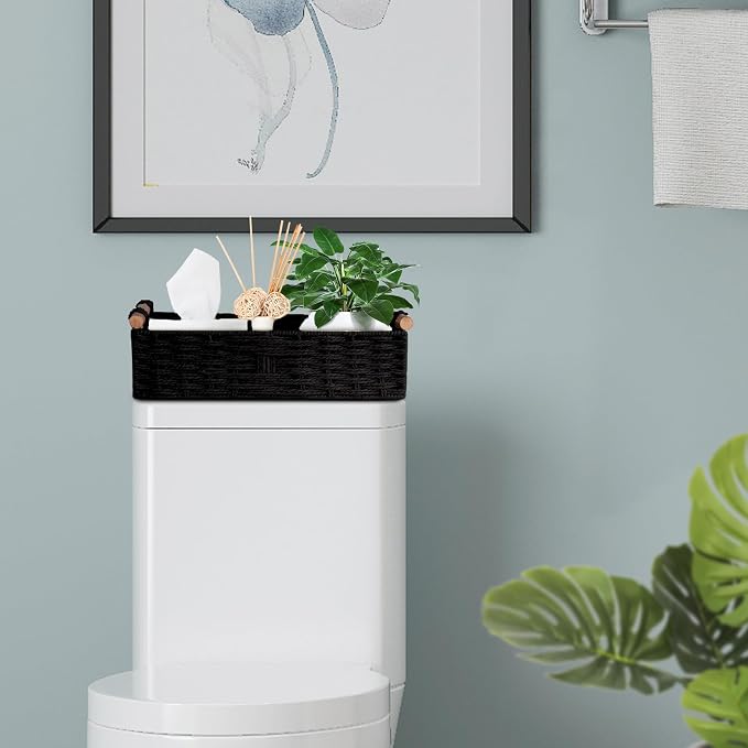 Round Paper Rope Storage Basket Wicker Baskets for Organizing with Handle Decorative Storage Bins for Countertop Toilet Paper Basket for Toilet Tank Top Small Baskets,Black
