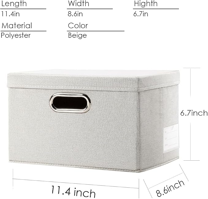 PRANDOM Storage Bins with Lids [3-Pack] Linen Fabric Foldable Storage Boxes Organizer Containers Baskets Cube with Cover for Bedroom Closet Office Beige（11.4X8.6X6.7