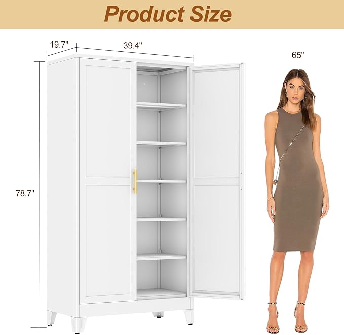 79" White Tall Metal Storage Cabinet with 2 Doors and 5 Adjustable Shelves,Steel Garage Tool Cabinet, File Cabinet,Kitchen Pantry Cabinet for Home,Office,Garage,School,Warehouse