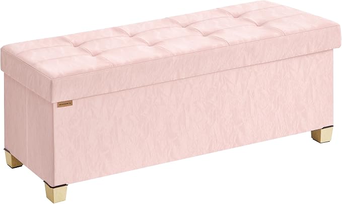 SONGMICS Storage Ottoman Bench, PU Leather Foldable Footrest with Padded Seat, 43.3 x 15 x 15.7 inches, Pink, Sturdy Space Saving Chest for Bedroom, Minota Collection ULSF524SA01