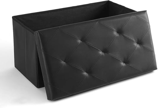 Sweetcrispy 30 Inch Storage Ottoman Bench, Folding Ottoman with Storage | Foot Rest Stool with Padded Seat, End of Bed Storage Bench for Living Room, Bedroom, Loads 660 LBS, Synthetic Leather, Black