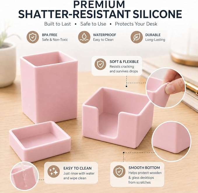 minimaliving Aesthetic Silicone Desk Organizer Set of 3,Modern Office Desk Accessories with Pen Holder,Paperclip Tray,Sticky Note Holder,Stylish Functional Office Desk Decor for Back-to-school(Pink)