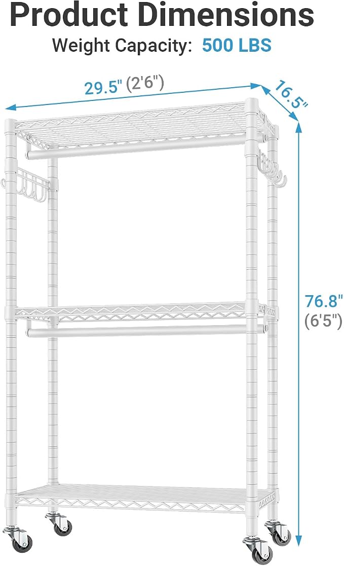 VIPEK R2 Medium Heavy Duty Clothes Rack Rolling Clothing Rack Adjustable Metal Wire Shelving Portable Closets with Double Hanging Rods, Side Hooks, Freestanding Closet Racks Wardrobe, White