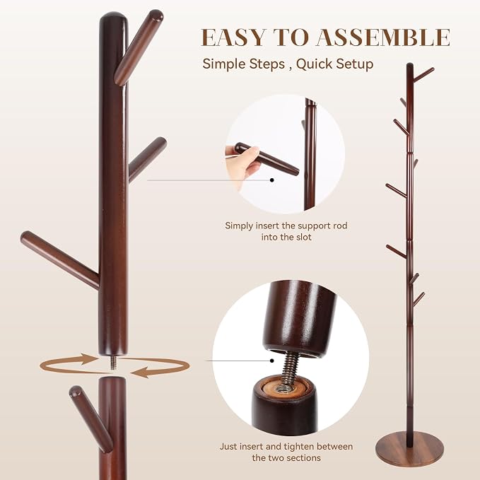 Coat Rack Freestanding- Solid Wood New Zealand Pine Hall Tree with 8 Hooks & 3 Adjustable Levels, Corner Wooden Coat Hanger for Entryway, Hallway and Small Space (Hats, Purses, Bags)