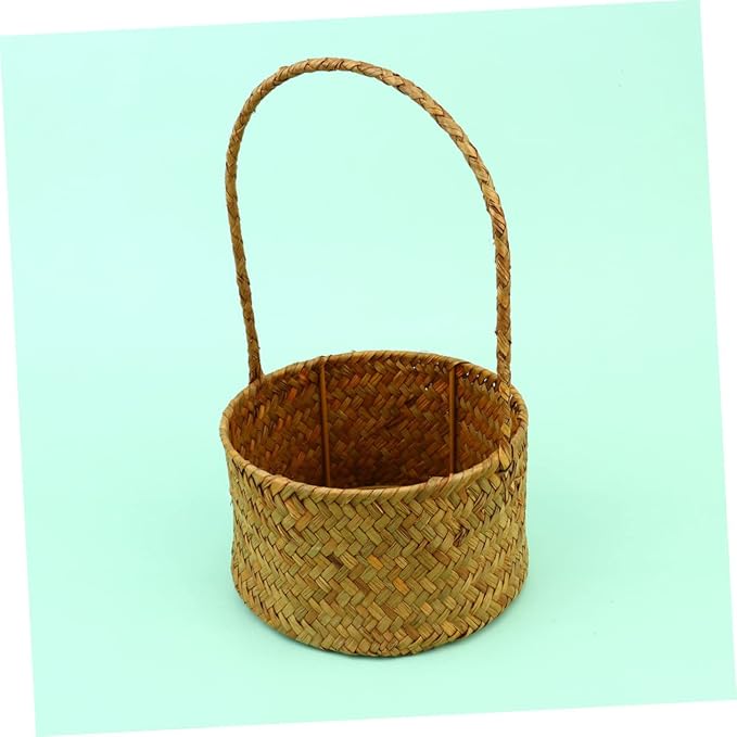 Seagrass Woven Storage Basket Toy Storage Straw Woven Basket Handles Succulent Planter Knitted Flower Desktop Decoration
