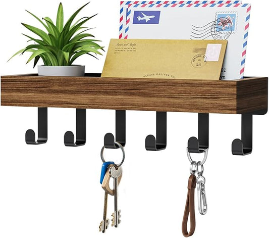 Key Holder Wall Mount Magnetic Adhesive, Key Hooks Rack with Shelf | Key Hanger with Mail Organizer for RV Camper Fridge Living Room Decor, Home Essentials, Rustic