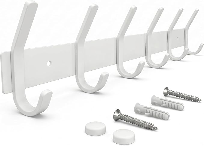 White Coat Rack Wall Mount – 17 Inch Stainless Steel Hook Rail with 6 Heavy Duty Double Coat Hooks – Wall Mounted Coat Hanger for Entryway, Bathroom, Bedroom, Towel, Hat Organizer