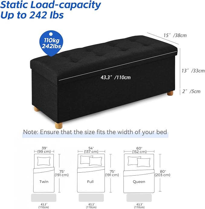 BRIAN & DANY 43 Inches Folding Storage Ottoman Bench, Ottoman with Storage Bench for Bedroom, Living Room, Entryway, Foot Rest with Legs, Black