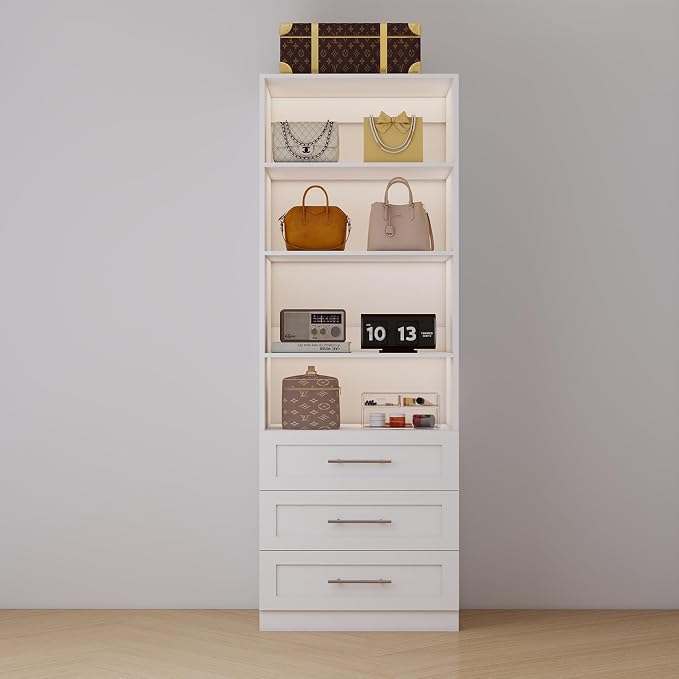 Closet System with 3 Drawers and 4 Shelves, Closet Organizer System with 1 Extra Side Hanging Rod, Small Walk in Closet System, 23.7"W x 15.8"D x 81"H, White